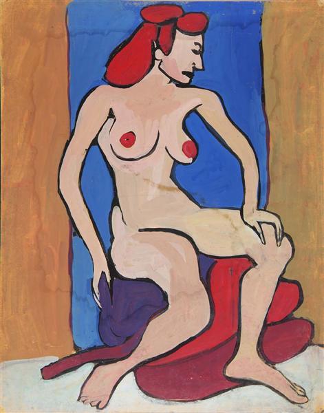 Female Nude with Red Hair Seated on Pillows, 1940 - William H. Johnson