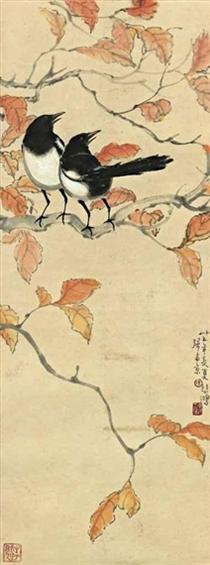 Magpies on a Tree Branch - 徐悲鴻