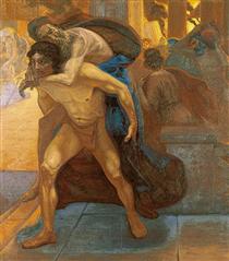 Aeneas saving his father through the flames of Troy - Emmanuel Zairis