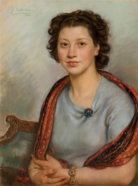 Portrait of Bertha Popoff in a red shawl, 1940 - Sinaida Jewgenjewna Serebrjakowa