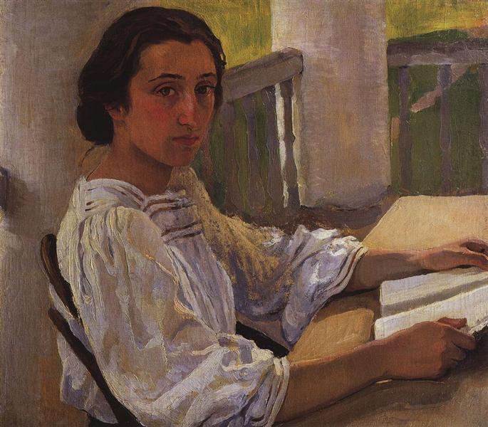 Portrait of E. Solntseva, sister of artist, 1914 - Zinaïda Serebriakova